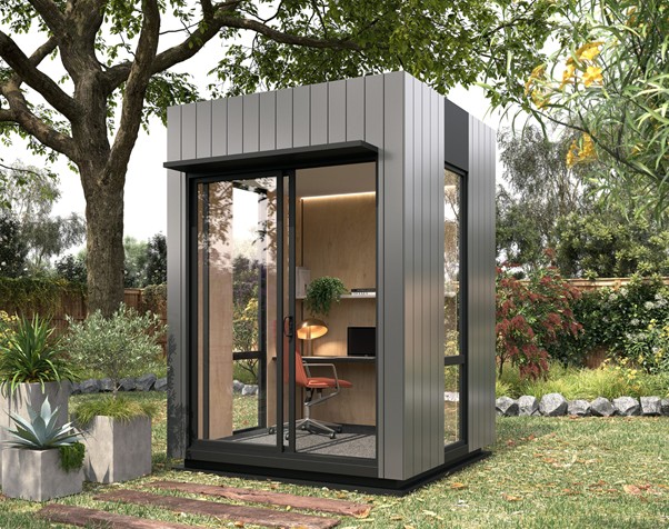 Home office pod in backyard garden